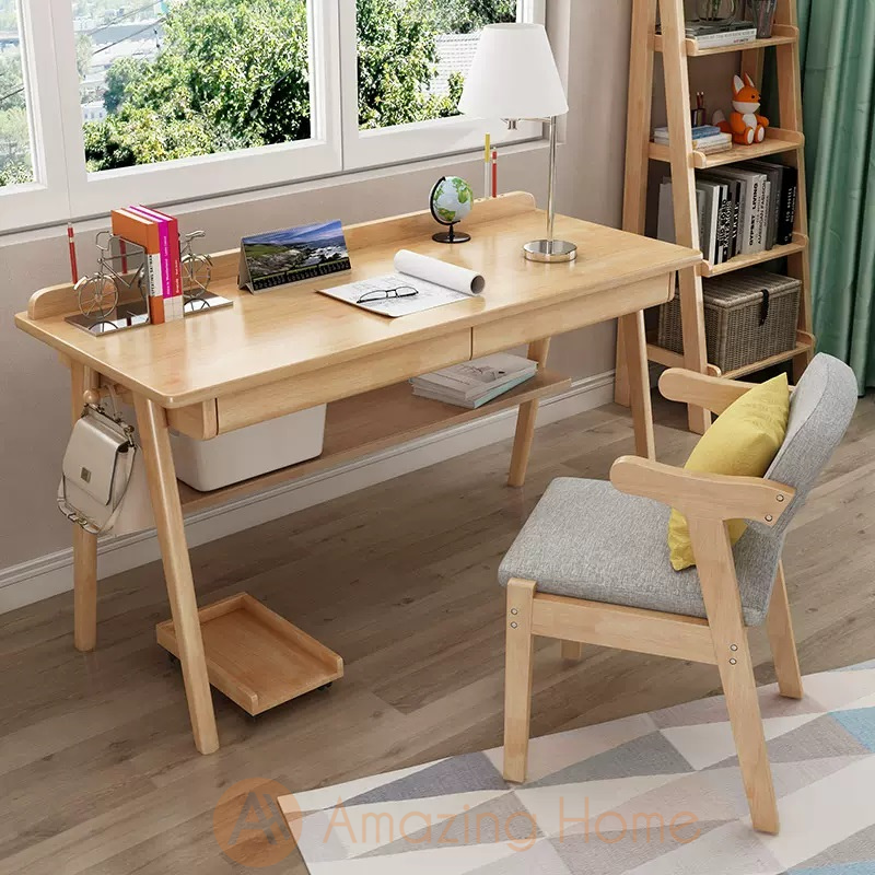 Angus Solid Wood A Shape Leg Study Table Desk With Shelf Medium