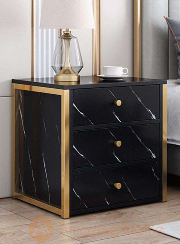 Henric 3 Drawer Black Bedside Table Bedside Cabinet Metal Frame