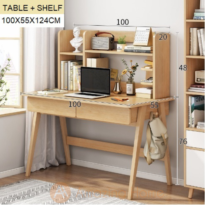 Angus Solid Wood A Shape Leg Study Table Desk With Bookshelf Medium