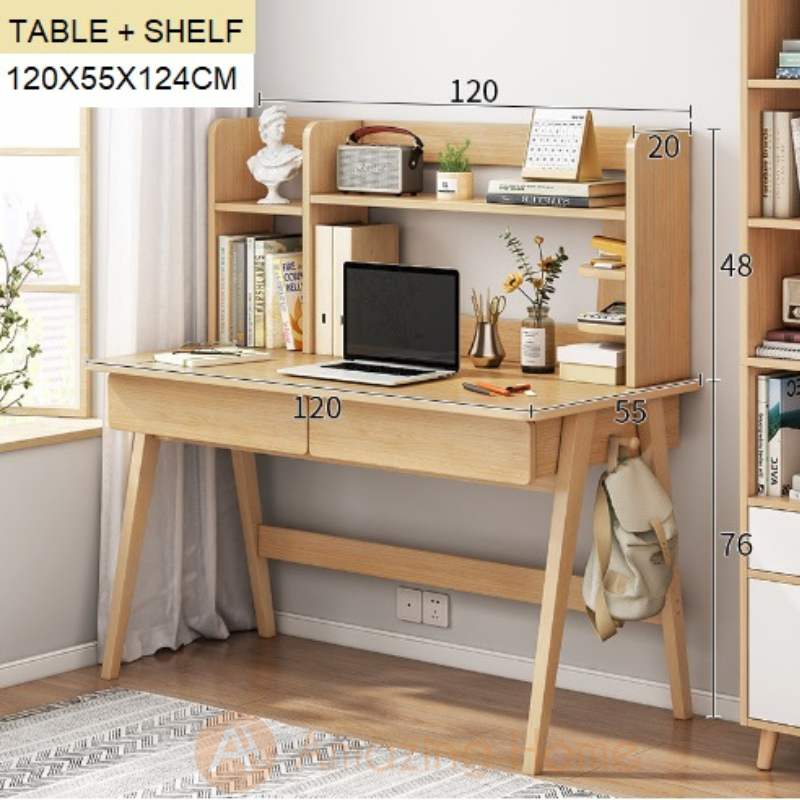 Angus Solid Wood A Shape Leg Study Table Desk With Bookshelf Large