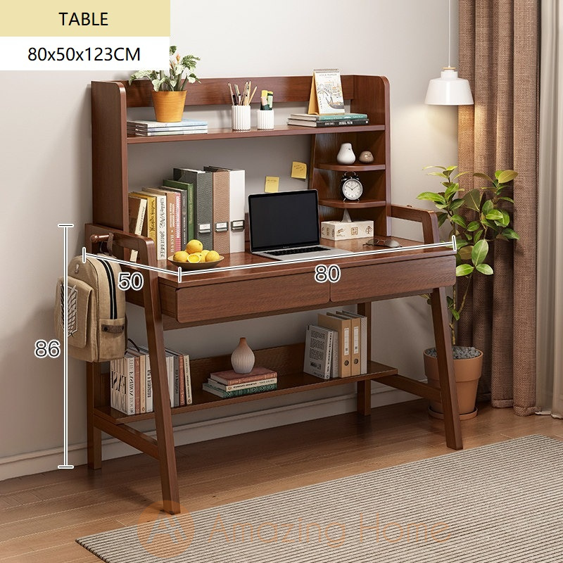 Angus Solid Wood H Shape Leg Study Table Desk With Bookshelf Drawer Small