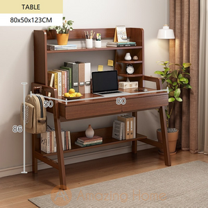 Angus Solid Wood H Shape Leg Study Table Desk With Bookshelf Drawer Small