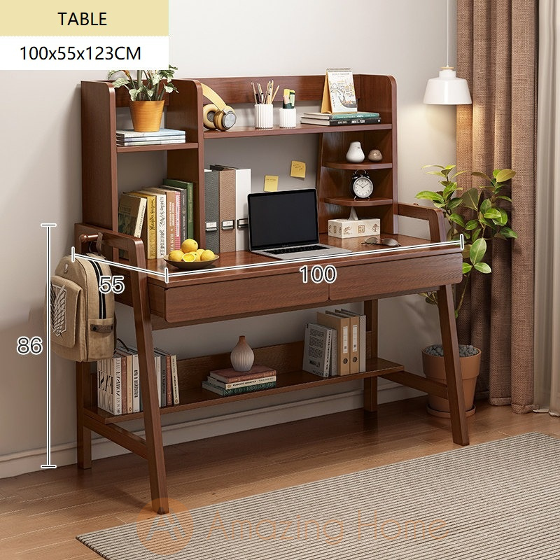 Angus Solid Wood H Shape Leg Study Table Desk With Bookshelf Drawer Medium