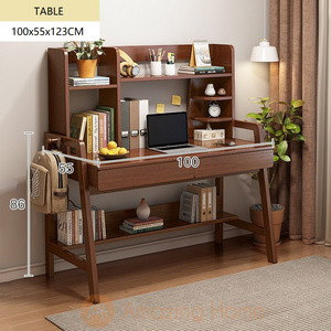 Angus Solid Wood H Shape Leg Study Table Desk With Bookshelf Drawer Medium