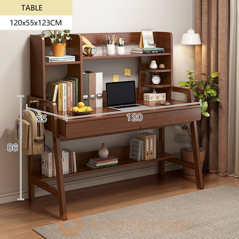 Angus Solid Wood H Shape Leg Study Table Desk With Bookshelf Drawer Large
