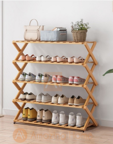 (Offer Price) Natural Bamboo 5 Tier Foldable Shoe Rack