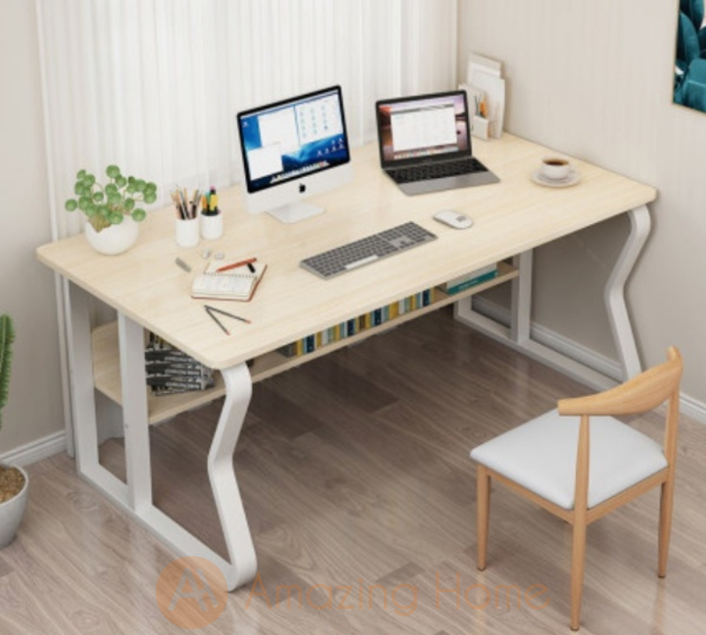 Aquino Wide Study Table Office Desk With Metal Legs Book Shelf