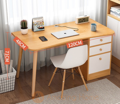 (Year End Clearance) Vidal Curve Edge Study Table Walnut With Drawer Cabinet Large