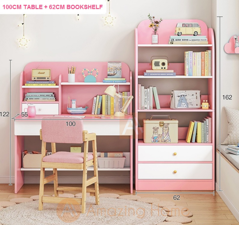Avery Kids Pink Medium Study Table With Bookshelf Set