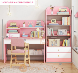 Avery Kids Pink Large Study Table With Bookshelf Set