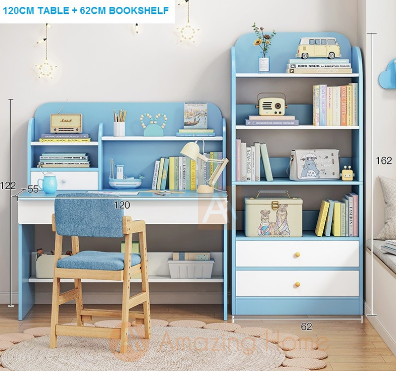 Avery Kids Blue Large Study Table With Bookshelf Set